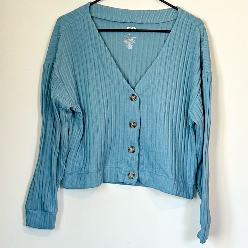 SO Teal Button-Up V-Neck Oversized Cropped Ribbed Cardigan - Juniors Large